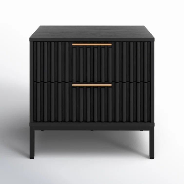 Black Veneer 2-Drawer Nightstand with Gold Handles