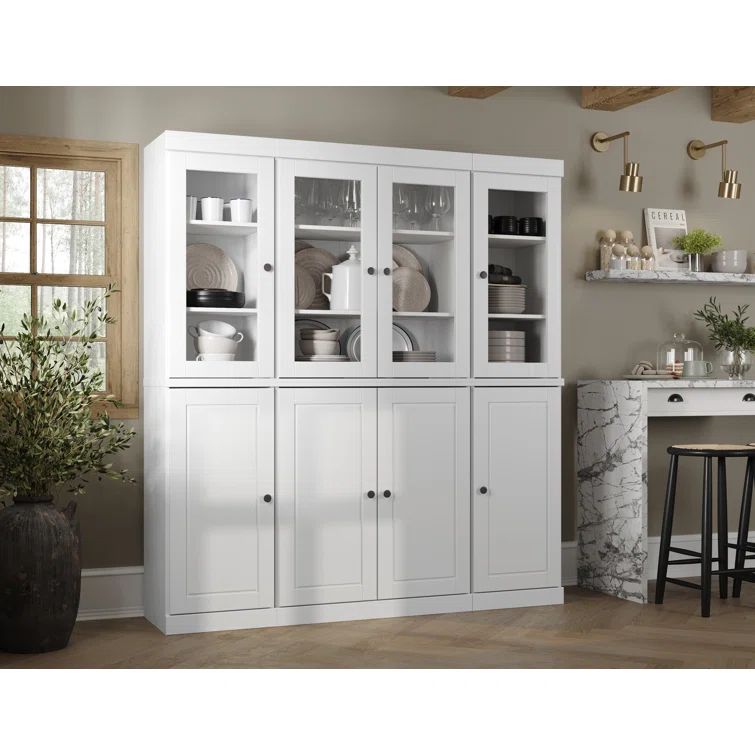 White Solid Wood Pantry Cabinet with Glass Doors and Adjustable Shelves
