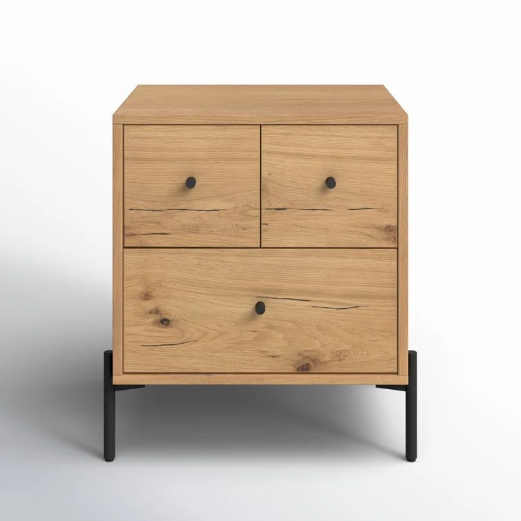 Light Oak and Iron 3-Drawer Nightstand with Gunmetal Handles