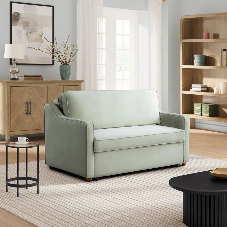 Sage Green Velvet Full Sleeper Loveseat with Wood Legs