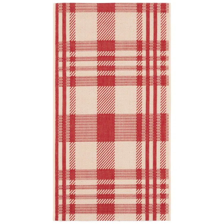 Red and Bone-White Plaid Easy Care Synthetic Rug