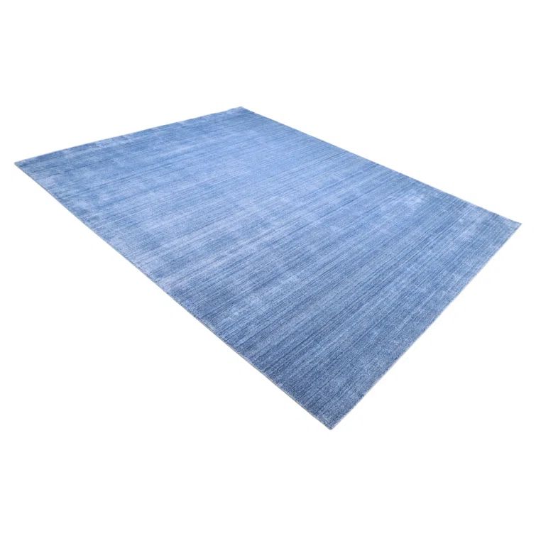 Hand-Knotted Denim Blue Wool Stripe Runner Rug