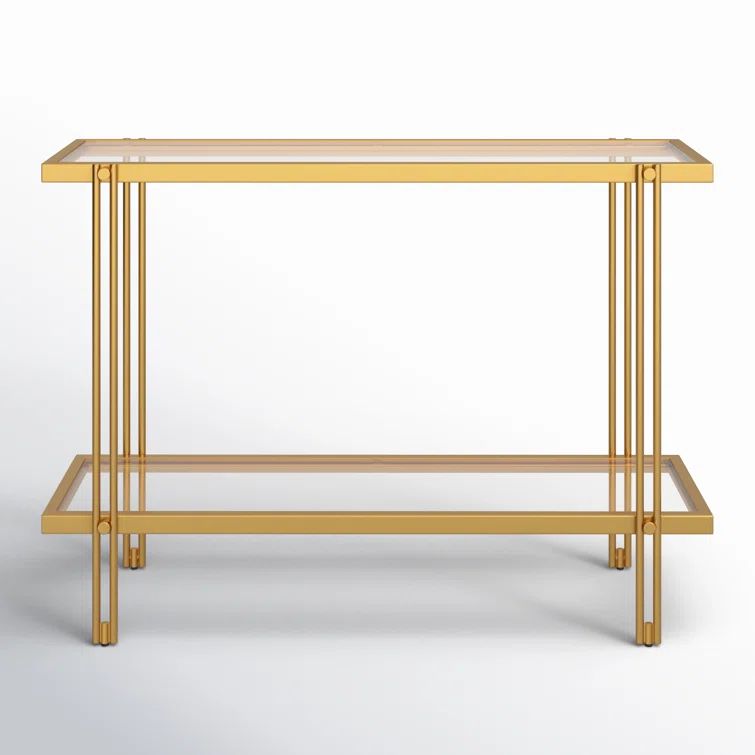 Modern Brass Finish Metal Console Table with Glass Shelf