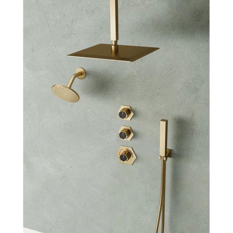 Brushed Gold Thermostatic Dual Showerhead System with Handheld Spray