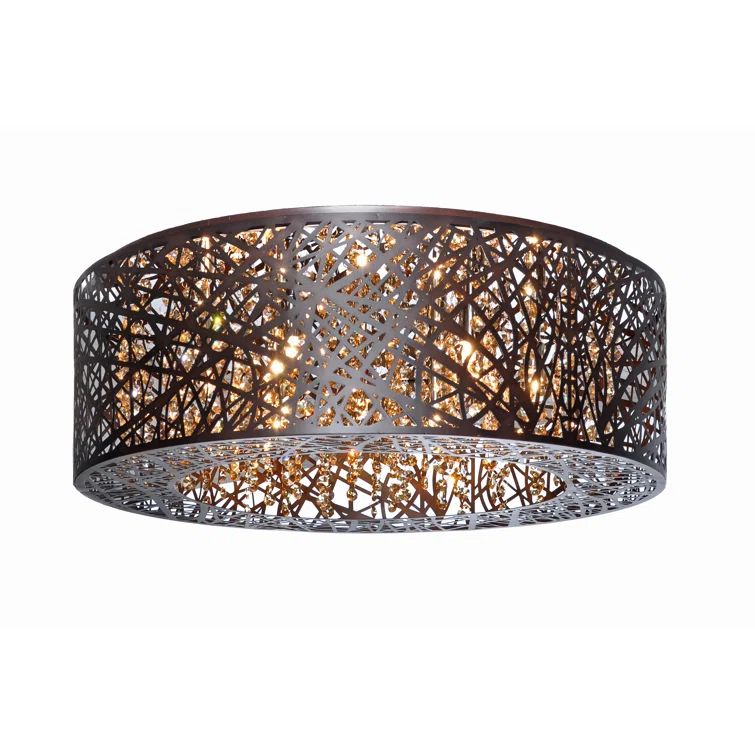 Inca Bronze Drum Flush Mount Ceiling Light with Cognac Crystal