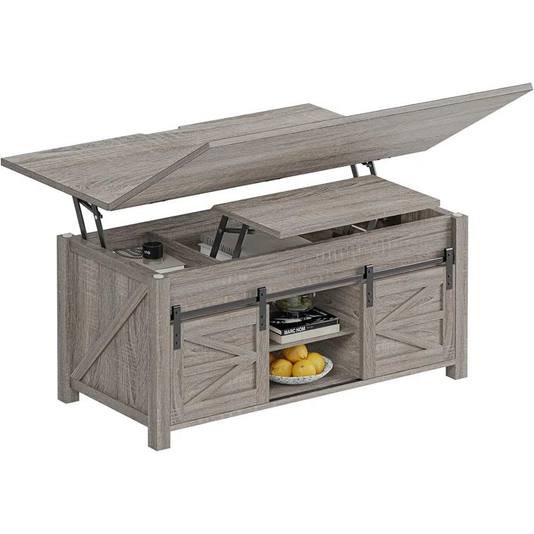 Walnut Rectangular Lift-Top Coffee Table with Sliding Barn Doors