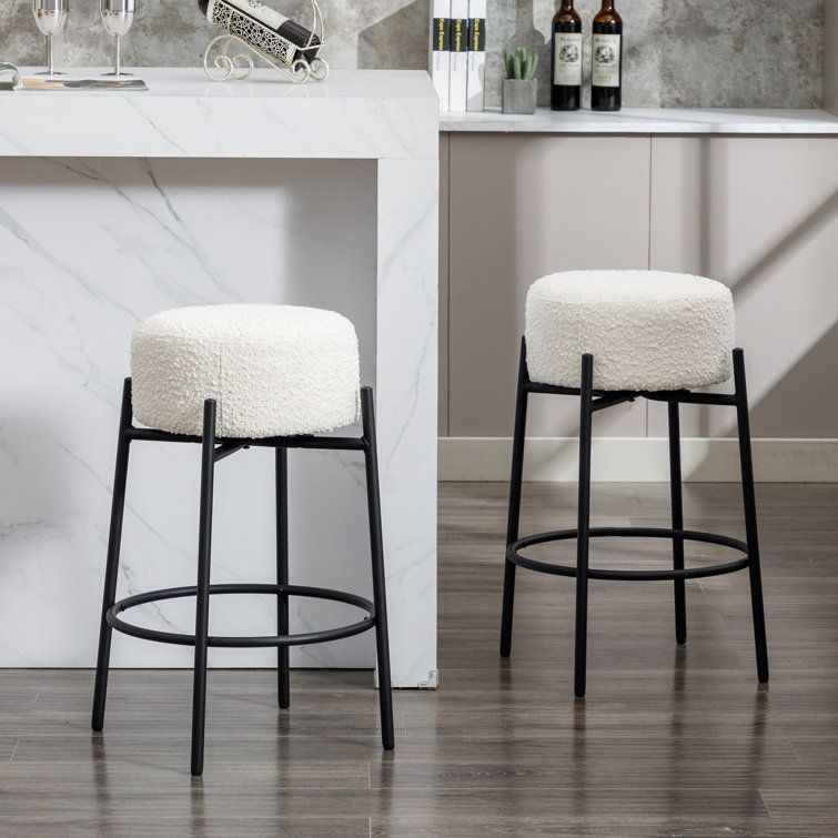 White Boucle Upholstered Swivel Counter Stools with Steel Frame