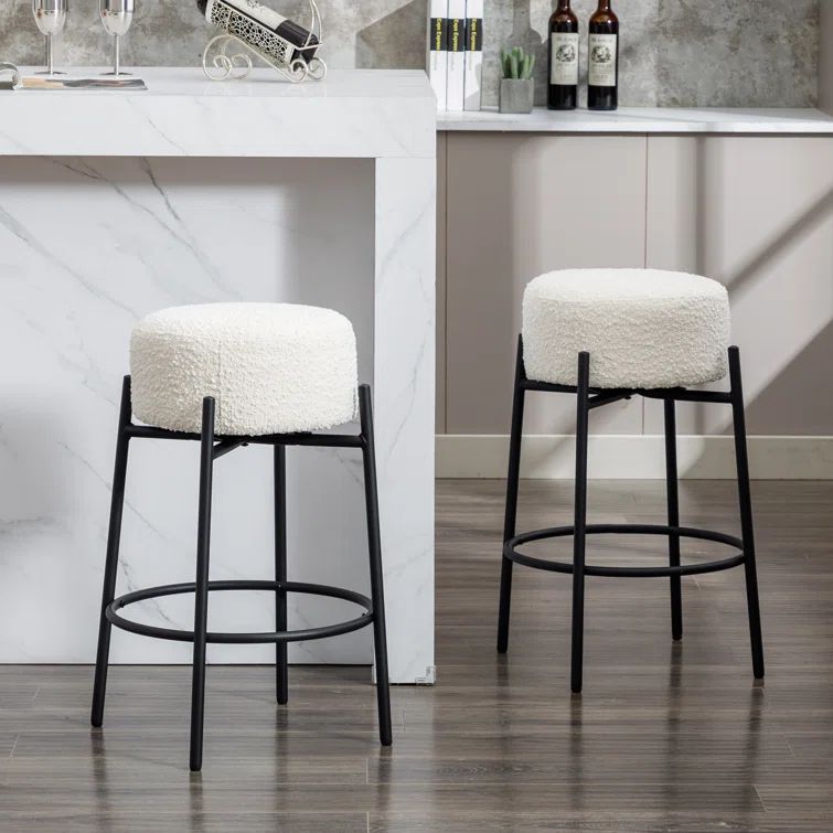 White Boucle Upholstered Swivel Counter Stools with Steel Frame