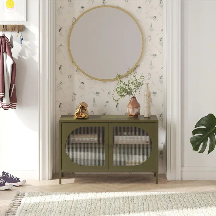 Olive Green Metal Accent Cabinet with Adjustable Shelving and Fluted Glass
