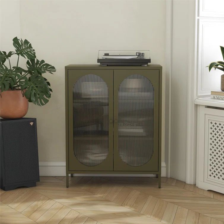 Olive Green Metal Accent Cabinet with Fluted Glass Doors