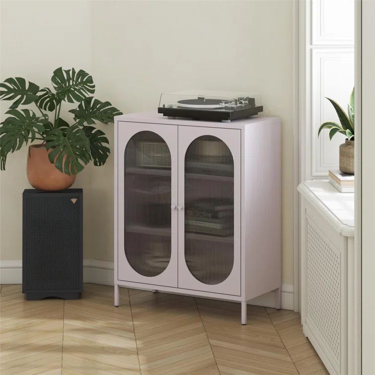 Lilac Metal Short Accent Cabinet with Fluted Glass Doors