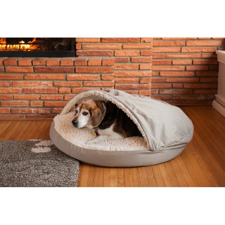 Small Khaki Poly-Cotton Hooded Dog Bed with Faux Lambs Wool Interior
