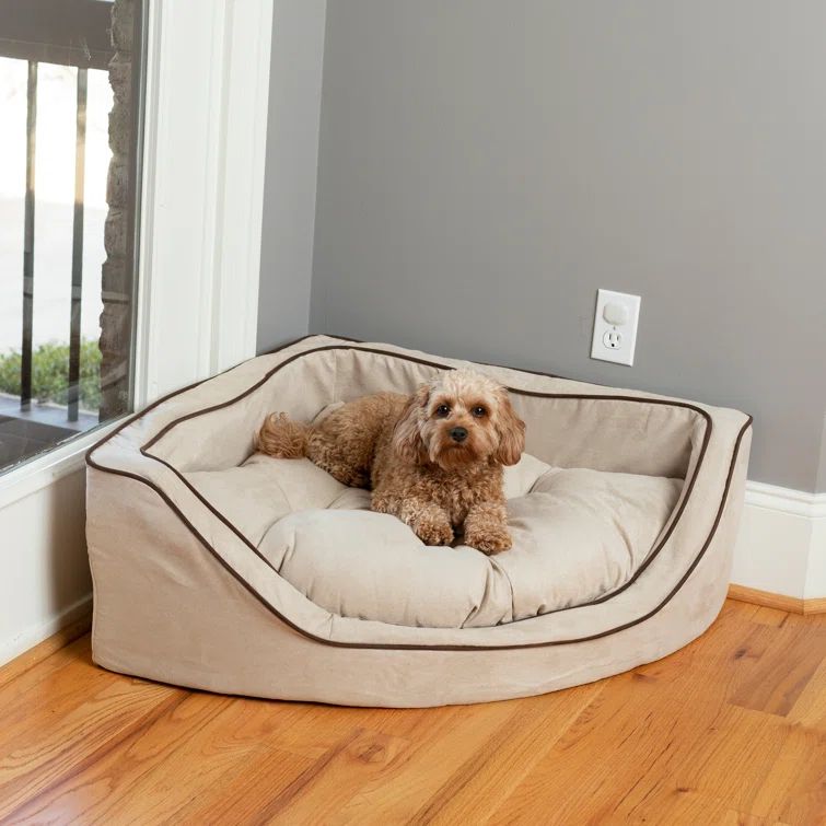 Small Buckskin and Java Microsuede Corner Dog Bed