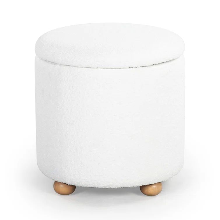 Ivory Round Boucle Storage Ottoman with Wooden Legs