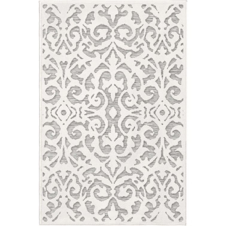 Natural Gray High-Low Damask Pattern Indoor Outdoor Rug
