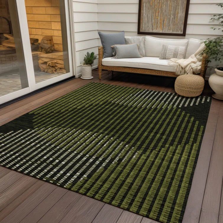 Olive and Black Rectangular Washable Synthetic Area Rug