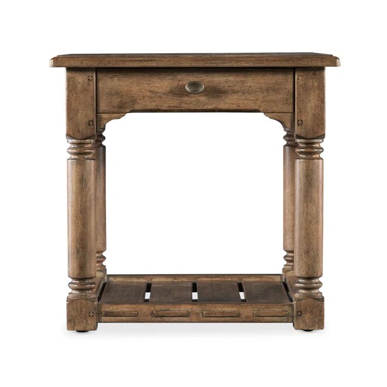 Rustic Brown Oak Veneer End Table with Metal Hardware
