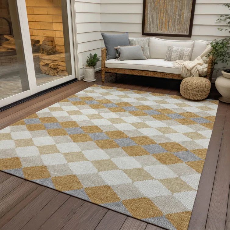 Gold and Gray Diamond Pattern Washable Area Rug