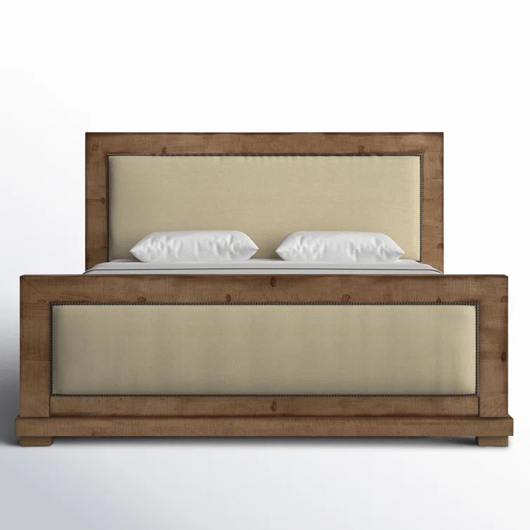 Rustic Pine King Bed with Nailhead Trim Upholstered Headboard