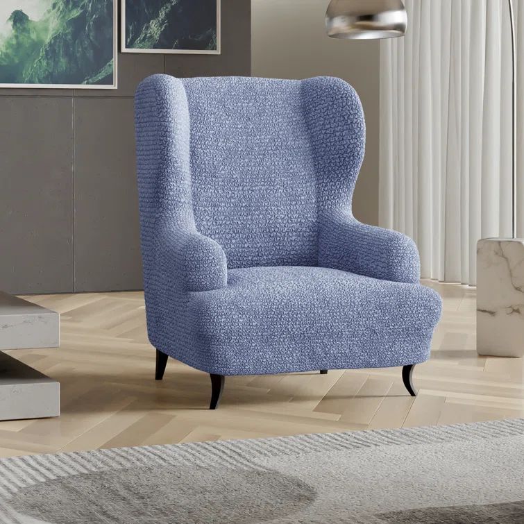 Blue Stretch Wingback Chair Slipcover with Elastic Closure