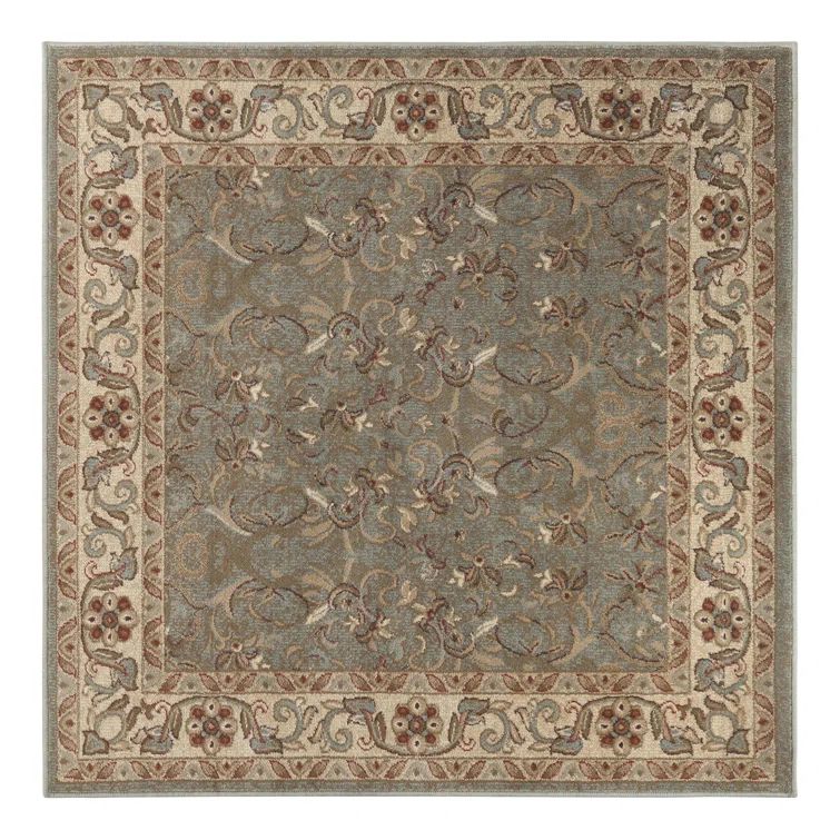 Ivory and Green Floral Synthetic Square Area Rug 8' x 8'
