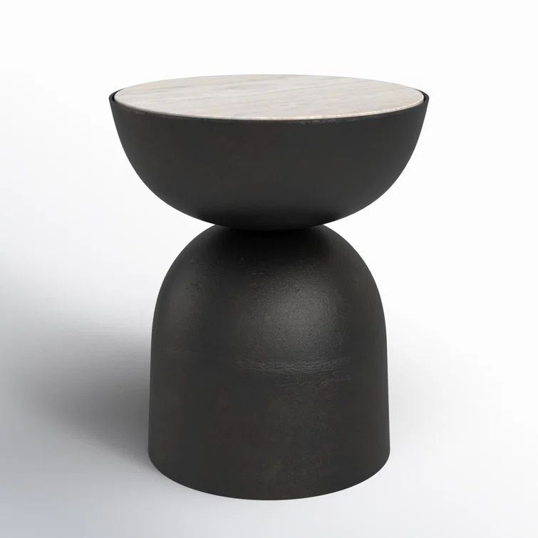 Creamy Taupe Marble and Black Stone Sculptural End Table