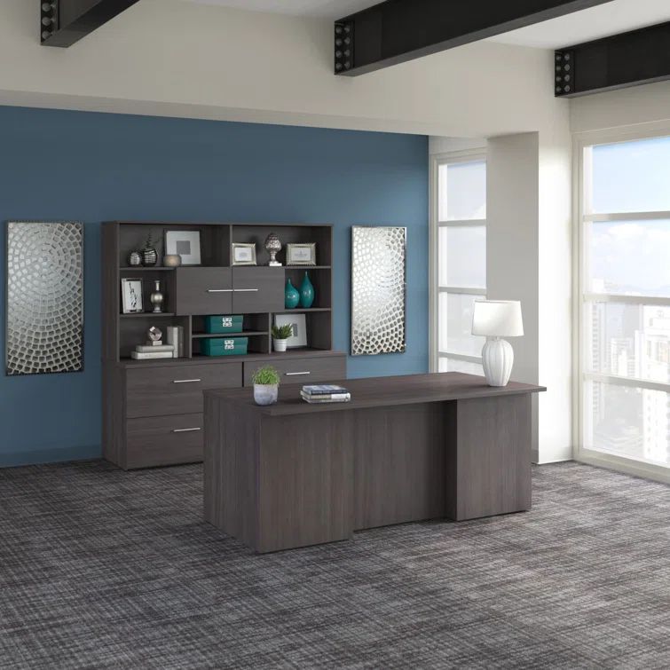 Storm Gray Wood Composite Executive Desk with Hutch and Cabinets