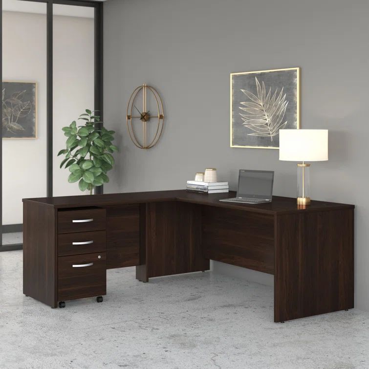 Black Walnut Corner Computer Desk with Filing Cabinet and Drawer