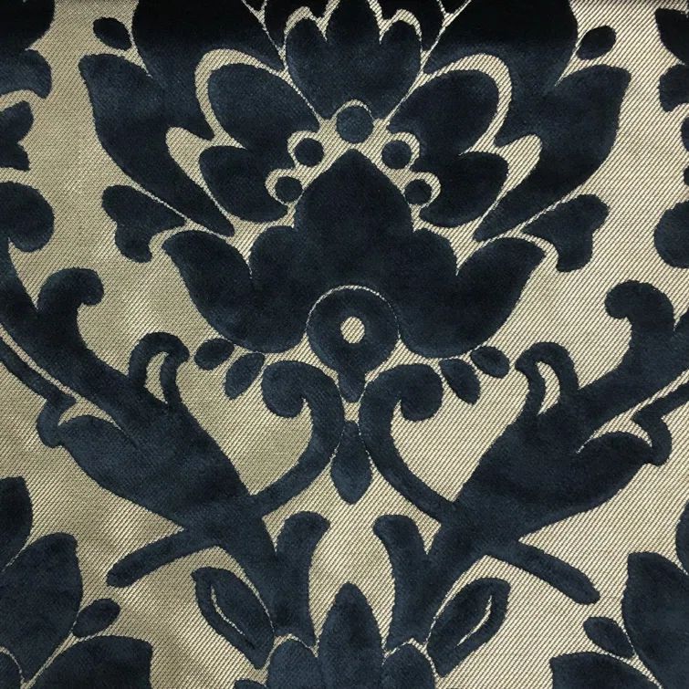Navy Damask Pattern Velvet Upholstery Fabric