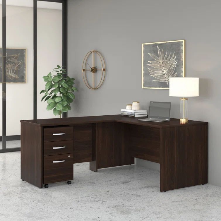 Black Walnut Large L-Shaped Desk with Mobile File Cabinet