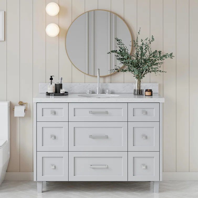 Gray Solid Wood Single Sink Bathroom Vanity with Carrara Marble Top