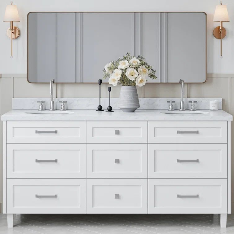 White Double Sink Bathroom Vanity with Carrara Marble Top
