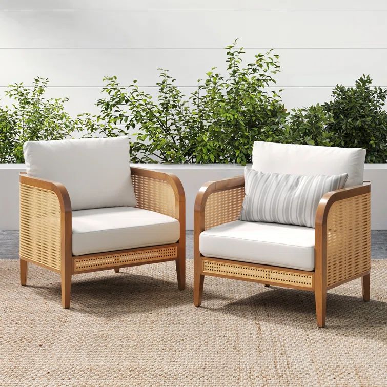 Bohemian Acacia Wood Patio Chairs with White Cushions, Set of 2