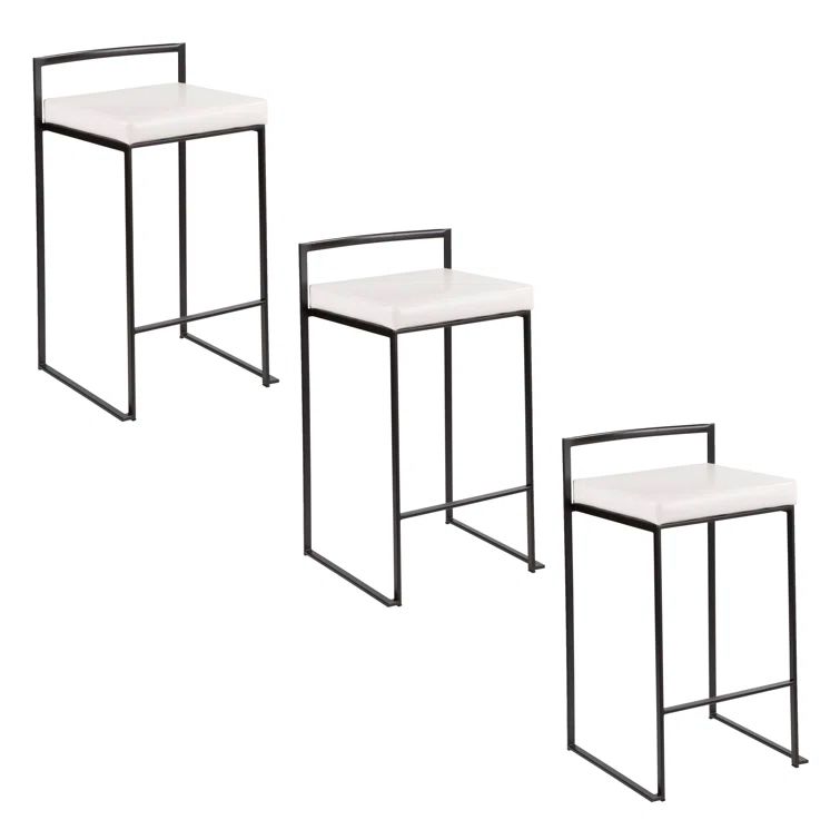Fuji White Faux Leather and Black Metal Stackable Counter Stool
