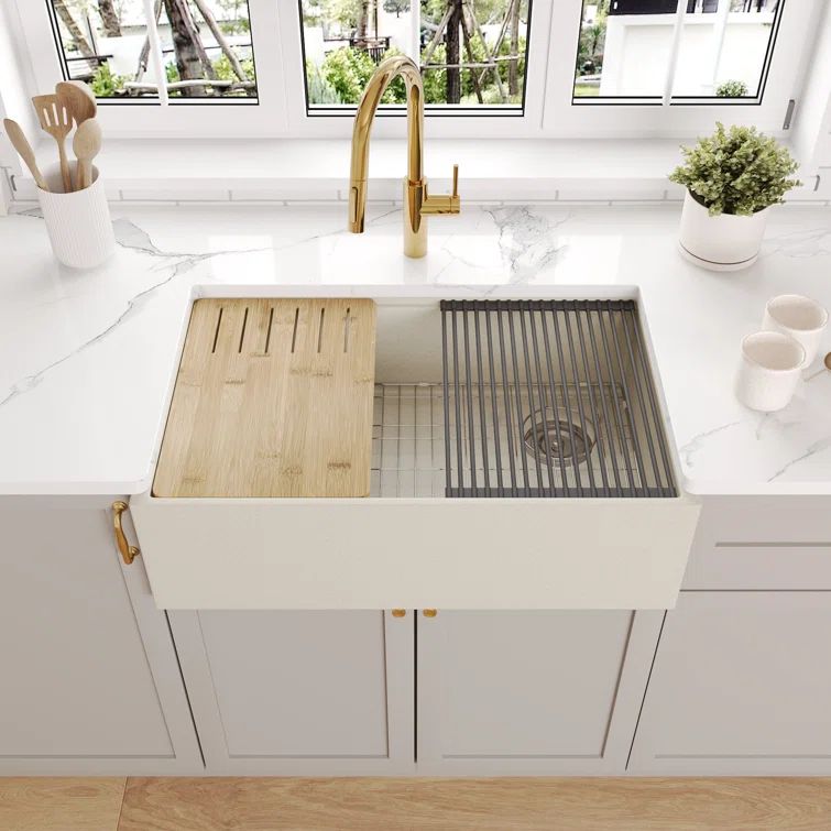 30-inch Grit Yellow Concrete Farmhouse Kitchen Sink with Accessories