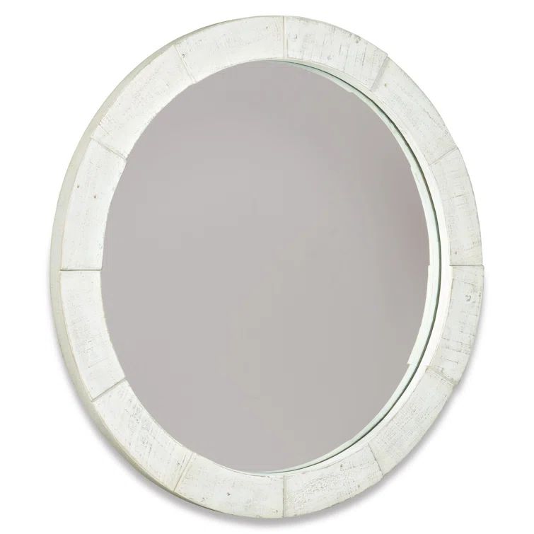 Brushed White Round Wooden Wall Mirror, 40" Diameter