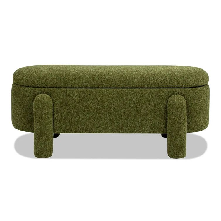 Moss Green Oval Bouclé Storage Bench with Rubberwood Legs