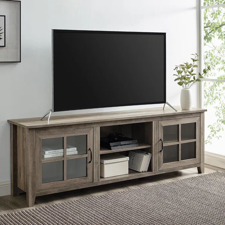 Gray Rectangular Farmhouse TV Stand with Glass Doors