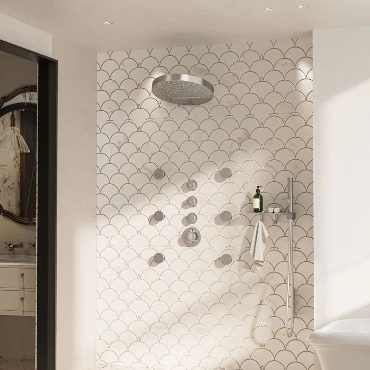 Brushed Nickel Wall Mounted Shower System with Body Jets and Handheld Sprayer
