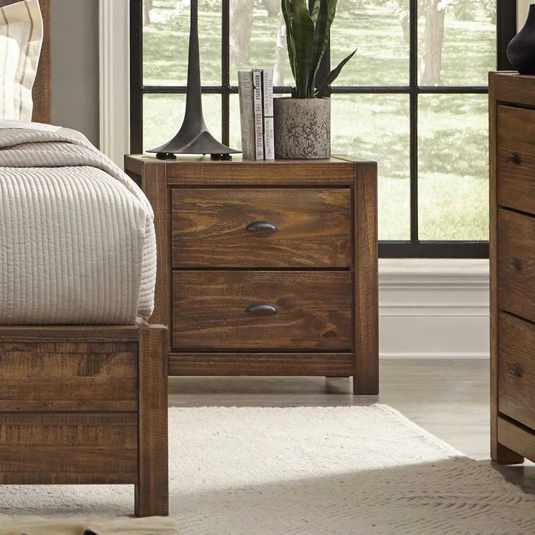 Rustic Walnut Solid Pine 2-Drawer Nightstand