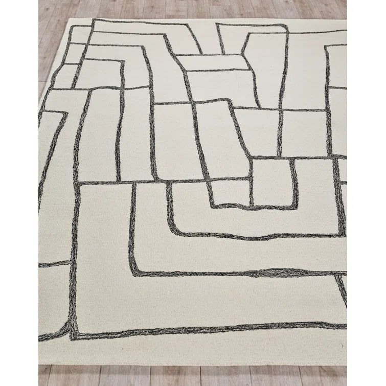 Ivory and Black Hand-Tufted Wool Rectangular Area Rug, 2' x 3'