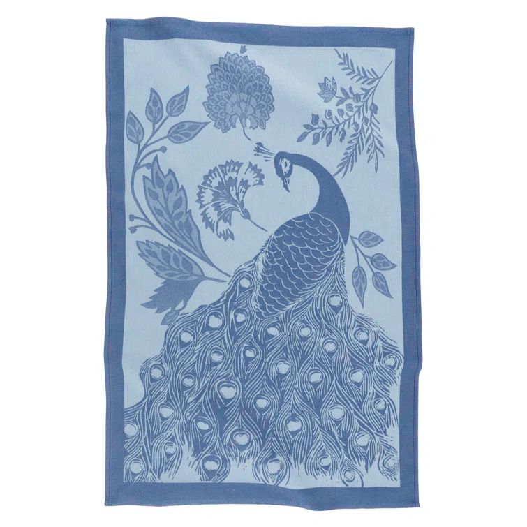 Set of 2 Blue Jacquard Kitchen Towels with Peacock Design