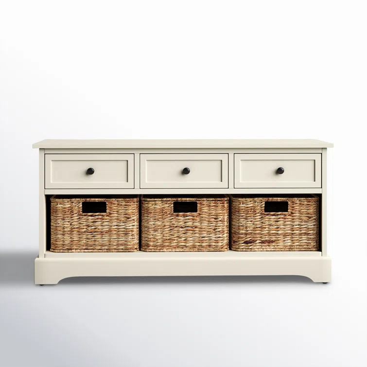 Distressed Cream Pine Storage Bench with 3 Drawers & Wicker Baskets