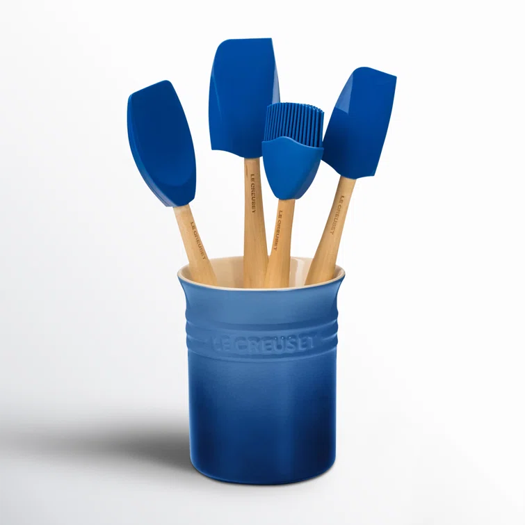 Marseille Blue Silicone 5-Piece Utensil Set with Stoneware Crock