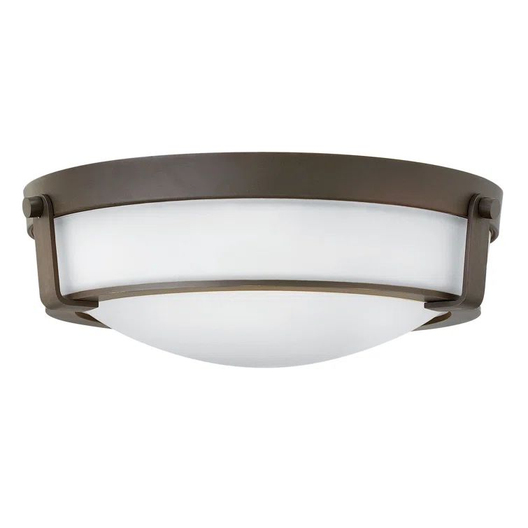 Hathaway Transitional LED Flush Mount in Olde Bronze with Etched Amber Glass