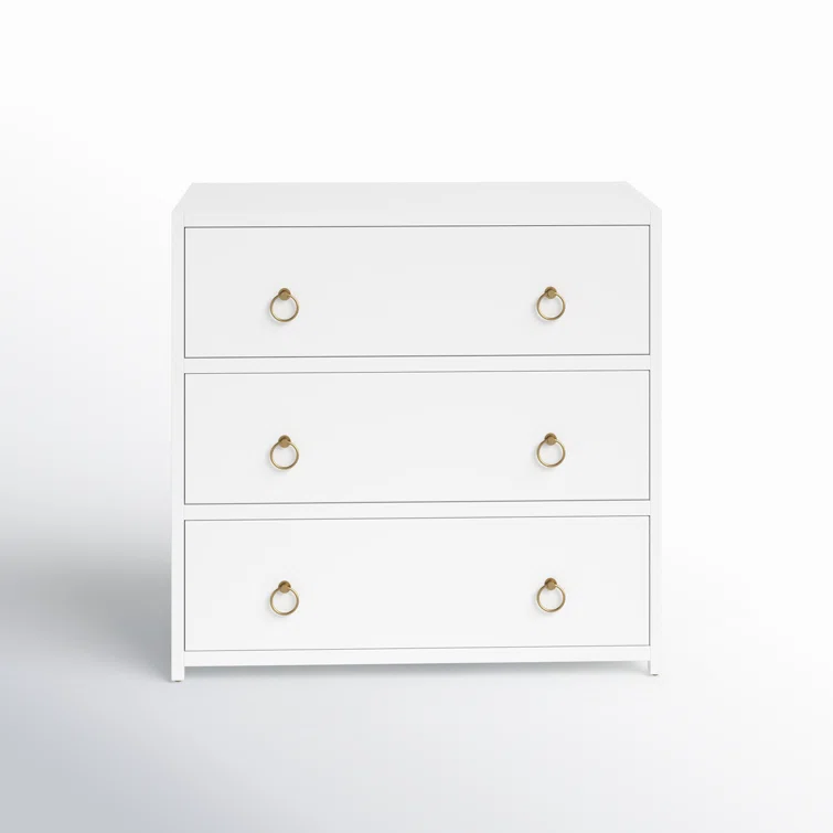 Elegant White Acacia 3-Drawer Chest with Gold Metallic Hardware