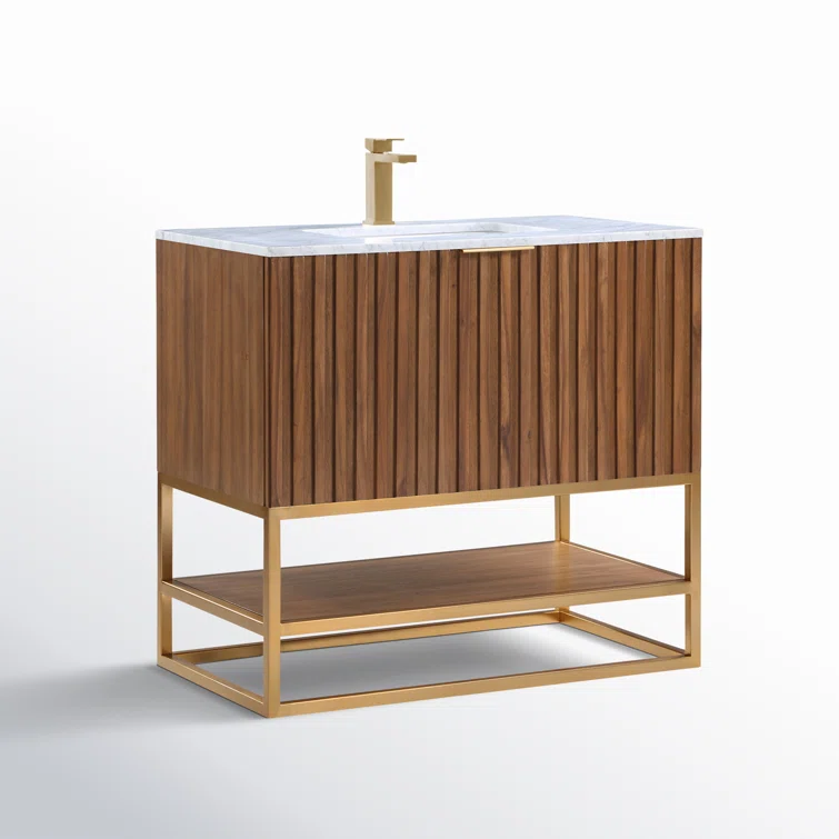 Walnut and Satin Brass 36" Single Bathroom Vanity with Carrara Marble Top