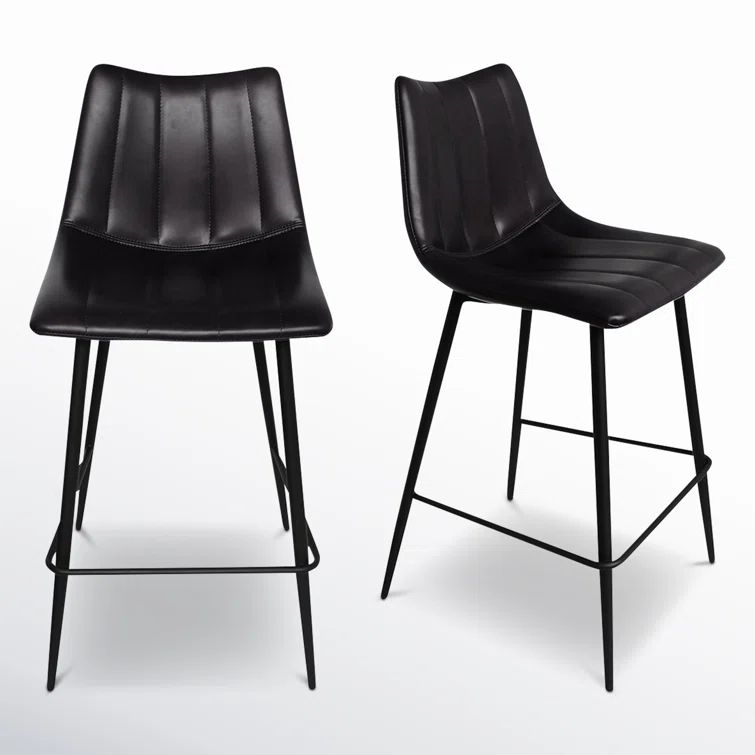 Black Vegan Leather Low Back Counter Stools with Steel Frame, Set of 2