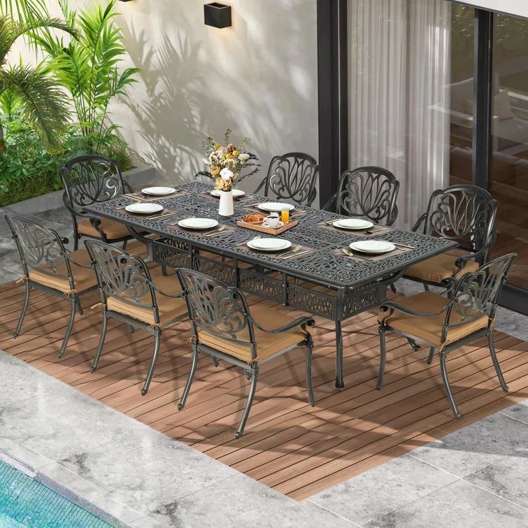 9-Piece Black Cast Aluminum Outdoor Dining Set with Khaki Cushions