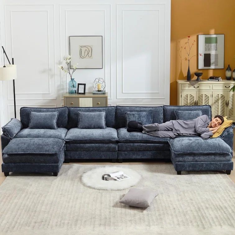 Blue Chenille Oversized U-Shaped Sectional Sofa with Ottoman
